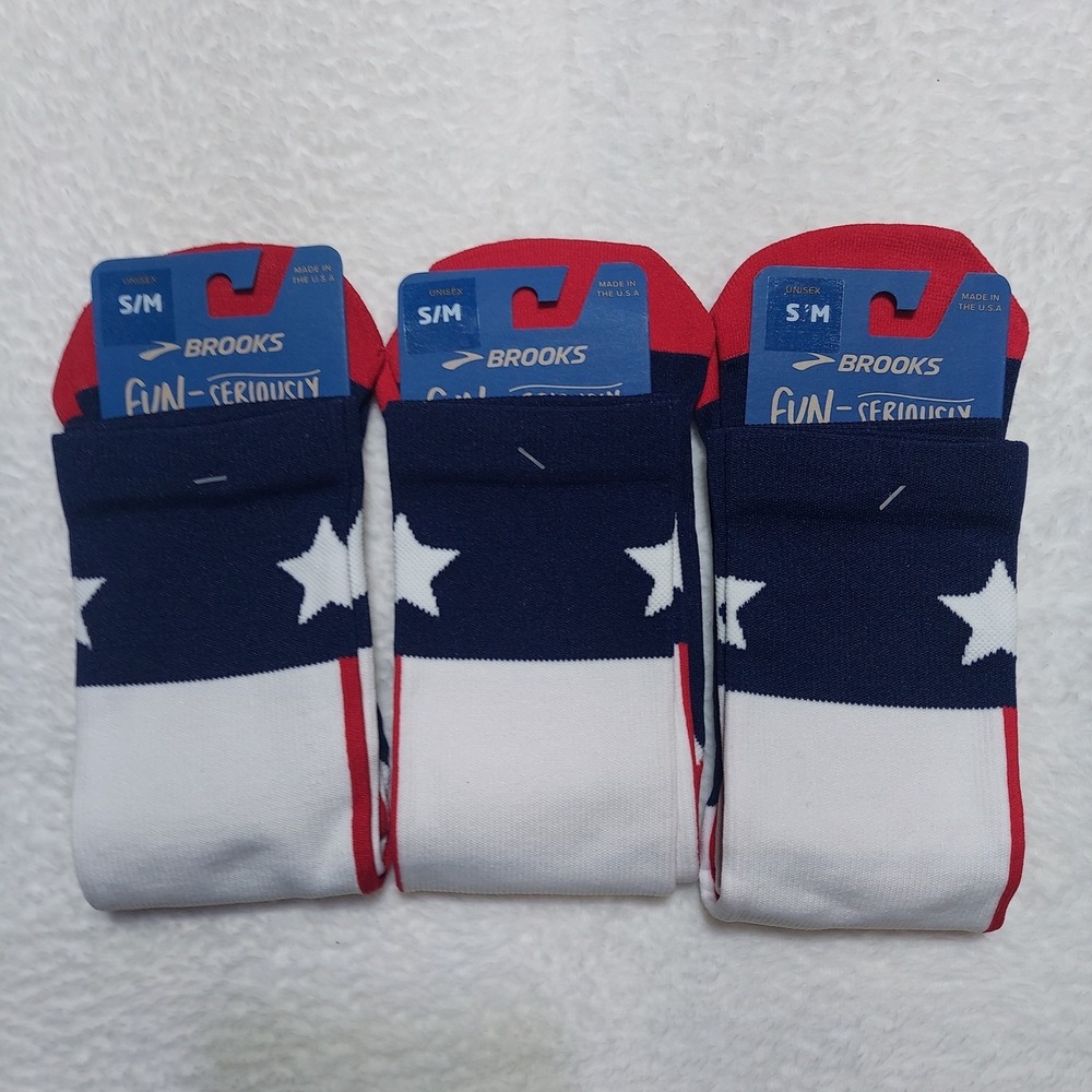 Pack of 3 Brooks Tempo Knit In Crew Socks Unisex S/M Blue Red White Stars Texas